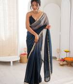 Navy blue colour fendy satin shaded saree with lace border & unstitched blouse