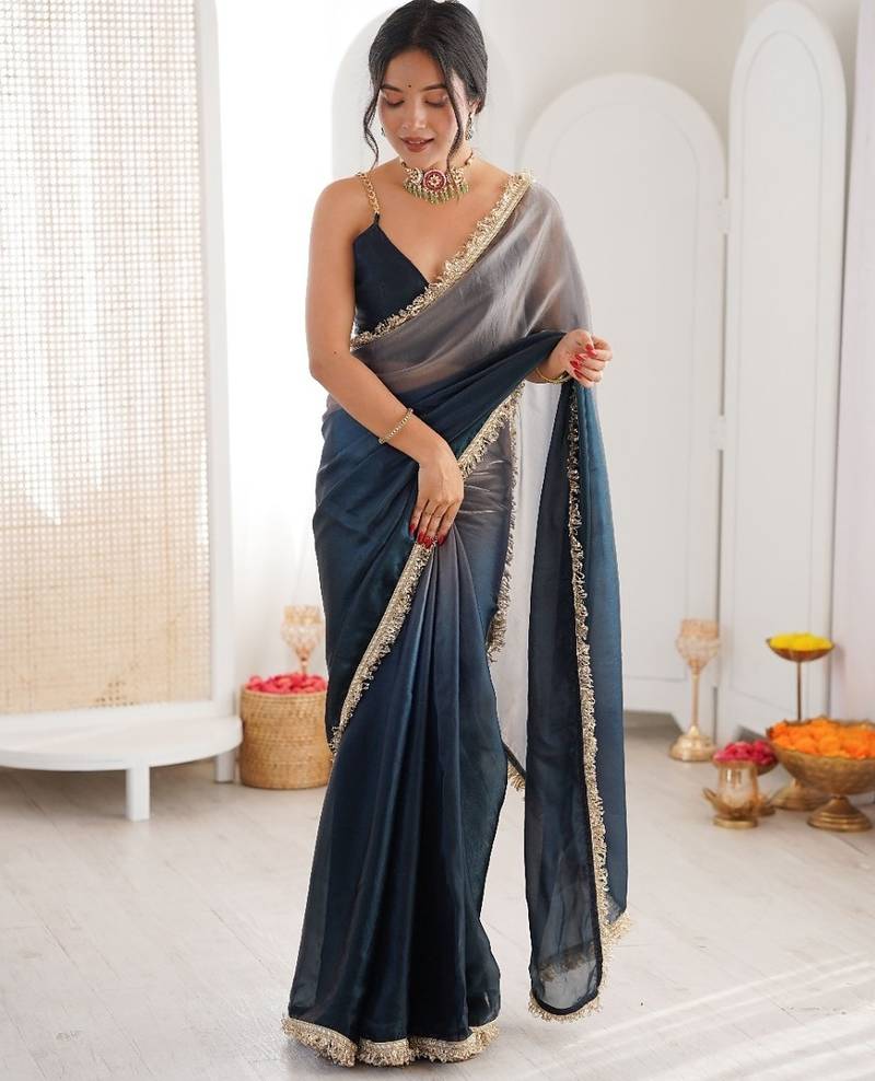 Navy blue colour fendy satin shaded saree with lace border & unstitched blouse