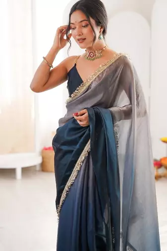 Navy blue colour fendy satin shaded saree with lace border & unstitched blouse