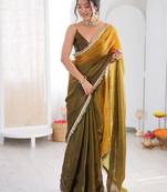 Gold colour fendy satin shaded saree with lace border & unstitched blouse