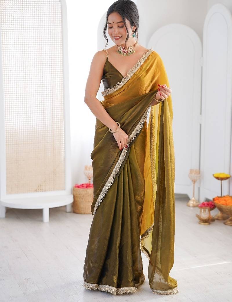 Gold colour fendy satin shaded saree with lace border & unstitched blouse