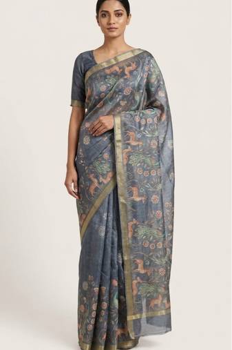 Blue colour digital deer print cotton erode weaving saree with unstitched blouse