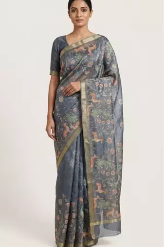 Blue colour digital deer print cotton erode weaving saree with unstitched blouse