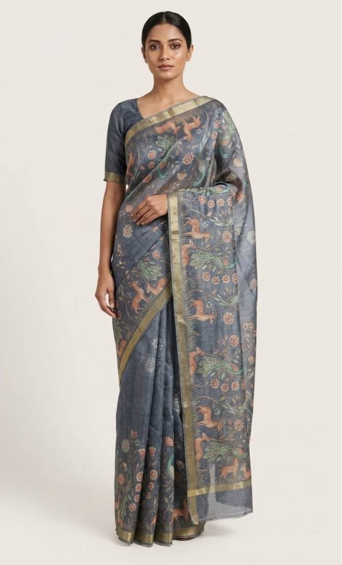 Blue colour digital deer print cotton erode weaving saree with unstitched blouse