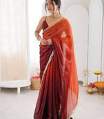 Wine colour fendy satin shaded saree with lace border & unstitched blouse