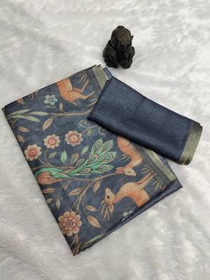 Blue colour digital deer print cotton erode weaving saree with unstitched blouse 3