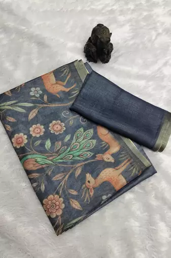 Blue colour digital deer print cotton erode weaving saree with unstitched blouse