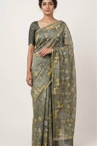 Olive colour digital deer print cotton erode weaving saree with unstitched blouse