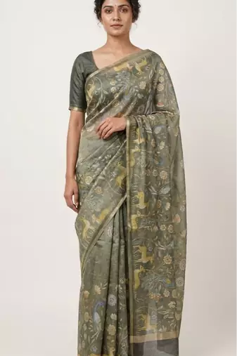 Olive colour digital deer print cotton erode weaving saree with unstitched blouse