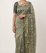 Olive colour digital deer print cotton erode weaving saree with unstitched blouse