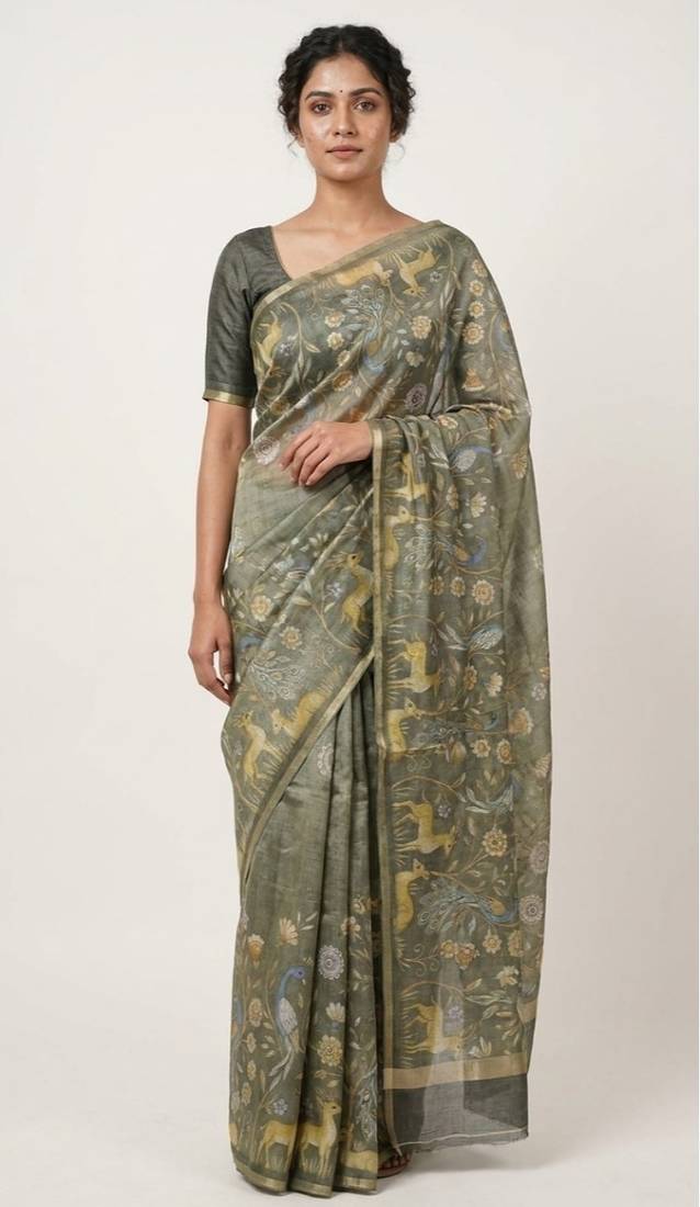 Olive colour digital deer print cotton erode weaving saree with unstitched blouse