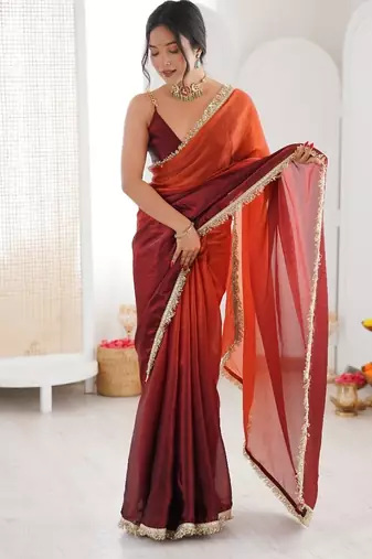 Wine colour fendy satin shaded saree with lace border & unstitched blouse