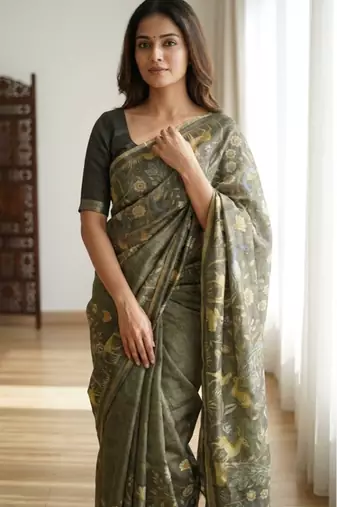 Olive colour digital deer print cotton erode weaving saree with unstitched blouse