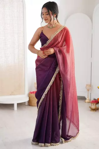 Plum colour fendy satin shaded saree with lace border & unstitched blouse