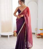 Plum colour fendy satin shaded saree with lace border & unstitched blouse