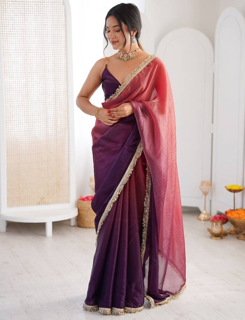 Plum colour fendy satin shaded saree with lace border & unstitched blouse