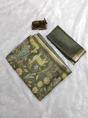 Olive colour digital deer print cotton erode weaving saree with unstitched blouse 3