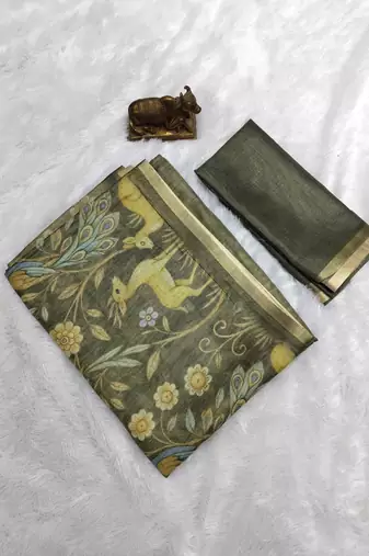 Olive colour digital deer print cotton erode weaving saree with unstitched blouse