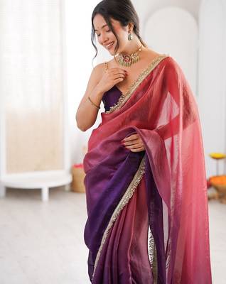 Plum colour fendy satin shaded saree with lace border & unstitched blouse 2