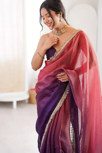 Plum colour fendy satin shaded saree with lace border & unstitched blouse