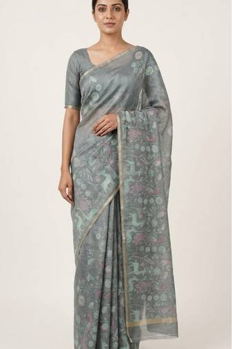Teal colour digital deer print cotton erode weaving saree with unstitched blouse