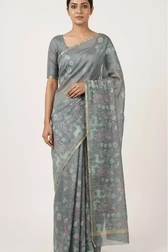 Teal colour digital deer print cotton erode weaving saree with unstitched blouse