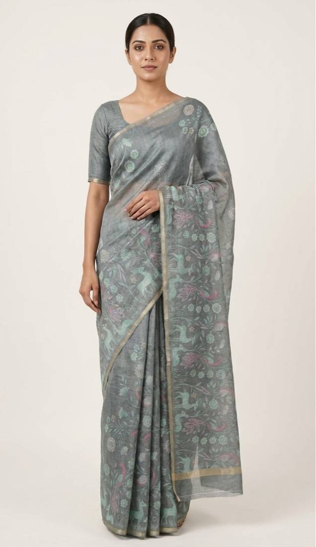 Teal colour digital deer print cotton erode weaving saree with unstitched blouse
