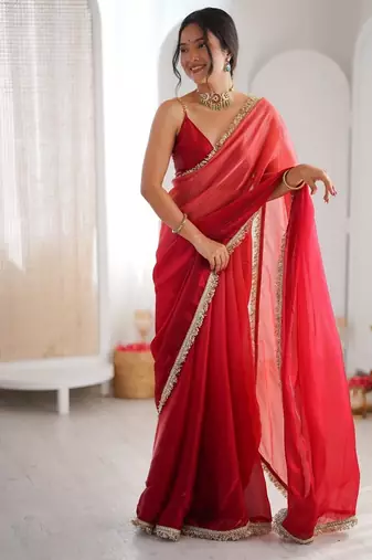 Red colour fendy satin shaded saree with lace border & unstitched blouse