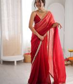 Red colour fendy satin shaded saree with lace border & unstitched blouse