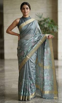 Teal colour digital deer print cotton erode weaving saree with unstitched blouse 2