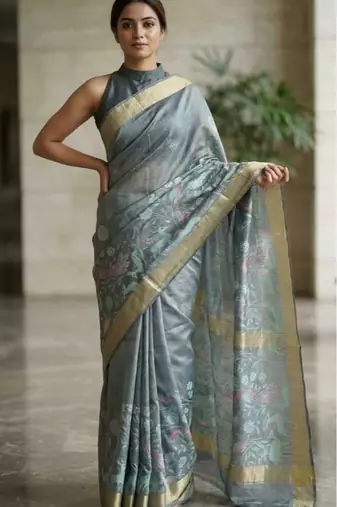 Teal colour digital deer print cotton erode weaving saree with unstitched blouse