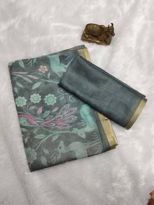 Teal colour digital deer print cotton erode weaving saree with unstitched blouse 3
