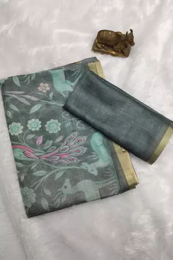 Teal colour digital deer print cotton erode weaving saree with unstitched blouse