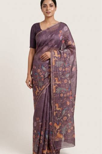 Lavender colour digital deer print cotton erode weaving saree with unstitched blouse