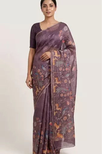 Lavender colour digital deer print cotton erode weaving saree with unstitched blouse