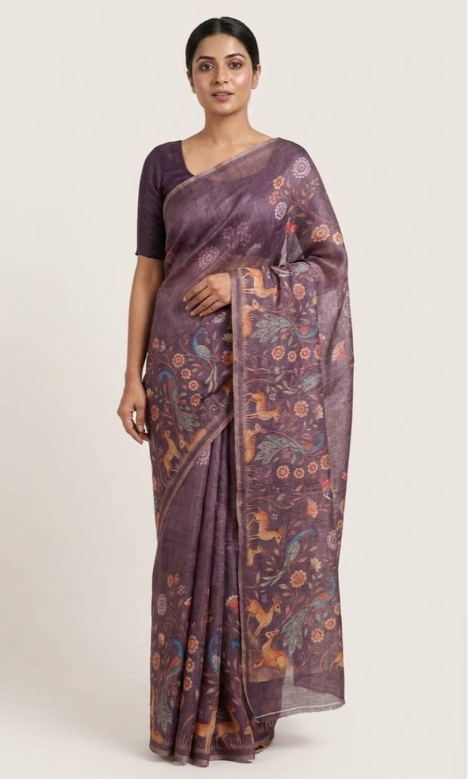 Lavender colour digital deer print cotton erode weaving saree with unstitched blouse