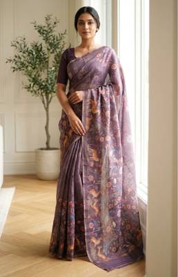 Lavender colour digital deer print cotton erode weaving saree with unstitched blouse 2