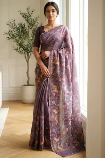 Lavender colour digital deer print cotton erode weaving saree with unstitched blouse