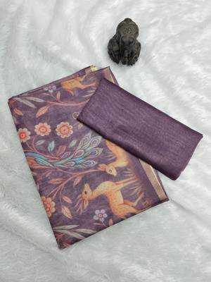 Lavender colour digital deer print cotton erode weaving saree with unstitched blouse 3