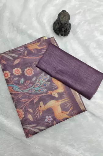 Lavender colour digital deer print cotton erode weaving saree with unstitched blouse