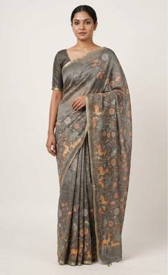 Brown colour digital deer print cotton erode weaving saree with unstitched blouse 1