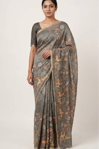 Brown colour digital deer print cotton erode weaving saree with unstitched blouse