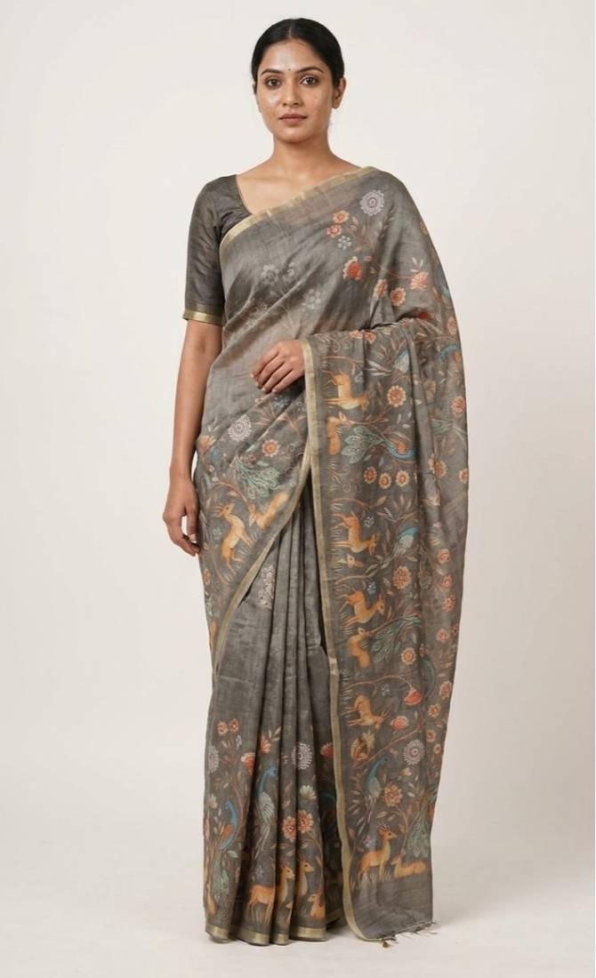 Brown colour digital deer print cotton erode weaving saree with unstitched blouse