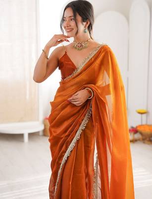Orange colour fendy satin shaded saree with lace border & unstitched blouse 2