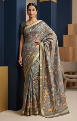 Brown colour digital deer print cotton erode weaving saree with unstitched blouse 2