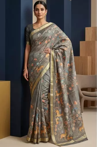 Brown colour digital deer print cotton erode weaving saree with unstitched blouse