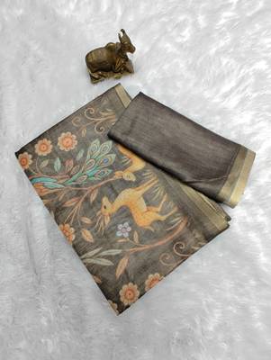 Brown colour digital deer print cotton erode weaving saree with unstitched blouse 3