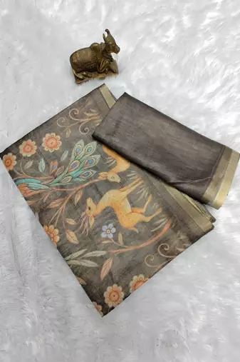 Brown colour digital deer print cotton erode weaving saree with unstitched blouse