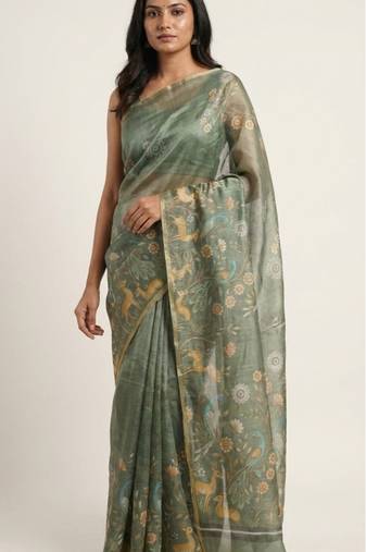 Sage green colour digital deer print cotton erode weaving saree with unstitched blouse