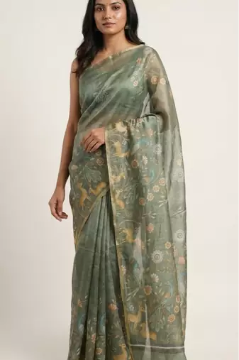 Sage green colour digital deer print cotton erode weaving saree with unstitched blouse